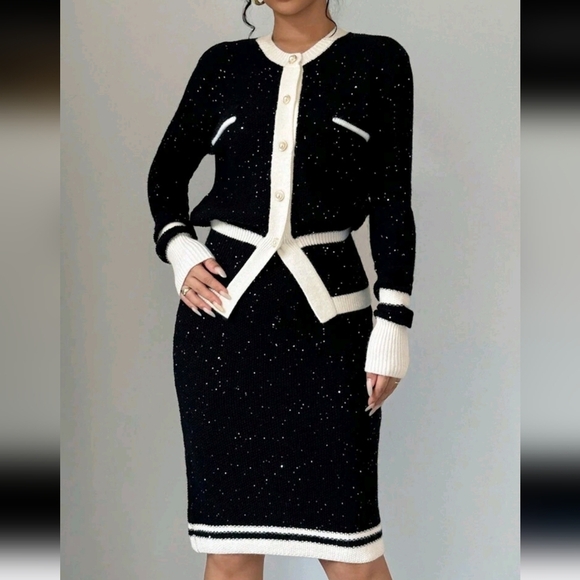 Women's Elegant Contrast Color Trim Asymmetric Hem Long Sleeve Blouse And Skirt - Picture 3 of 5